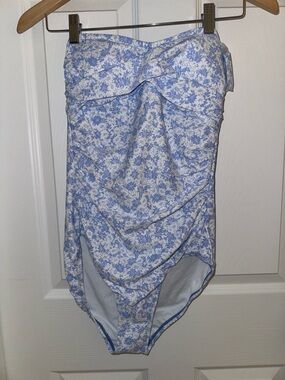 Kona Sol Blue and White Floral Strapless One-Piece Swimsuit